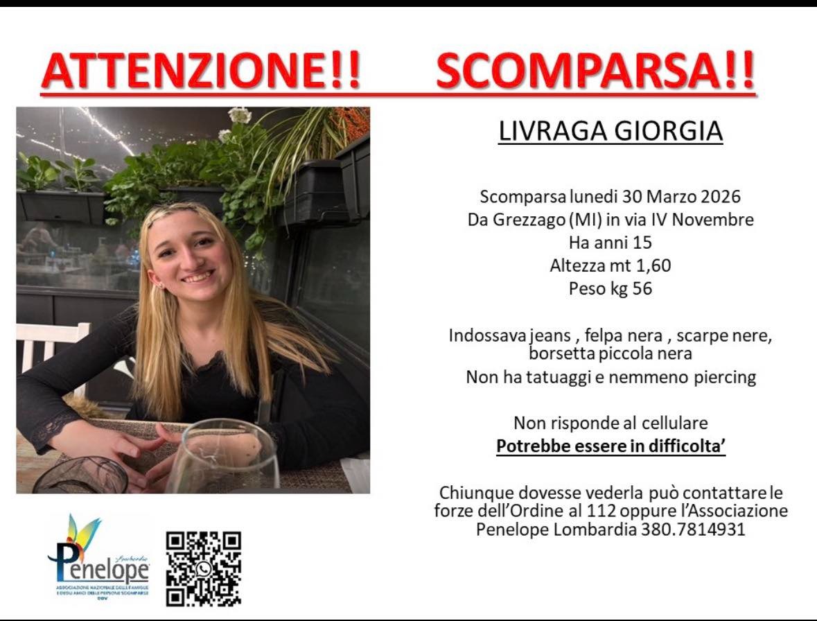 Giorgia Livraga, 15 anni, scomparsa da Grezzago: ricerche in corso